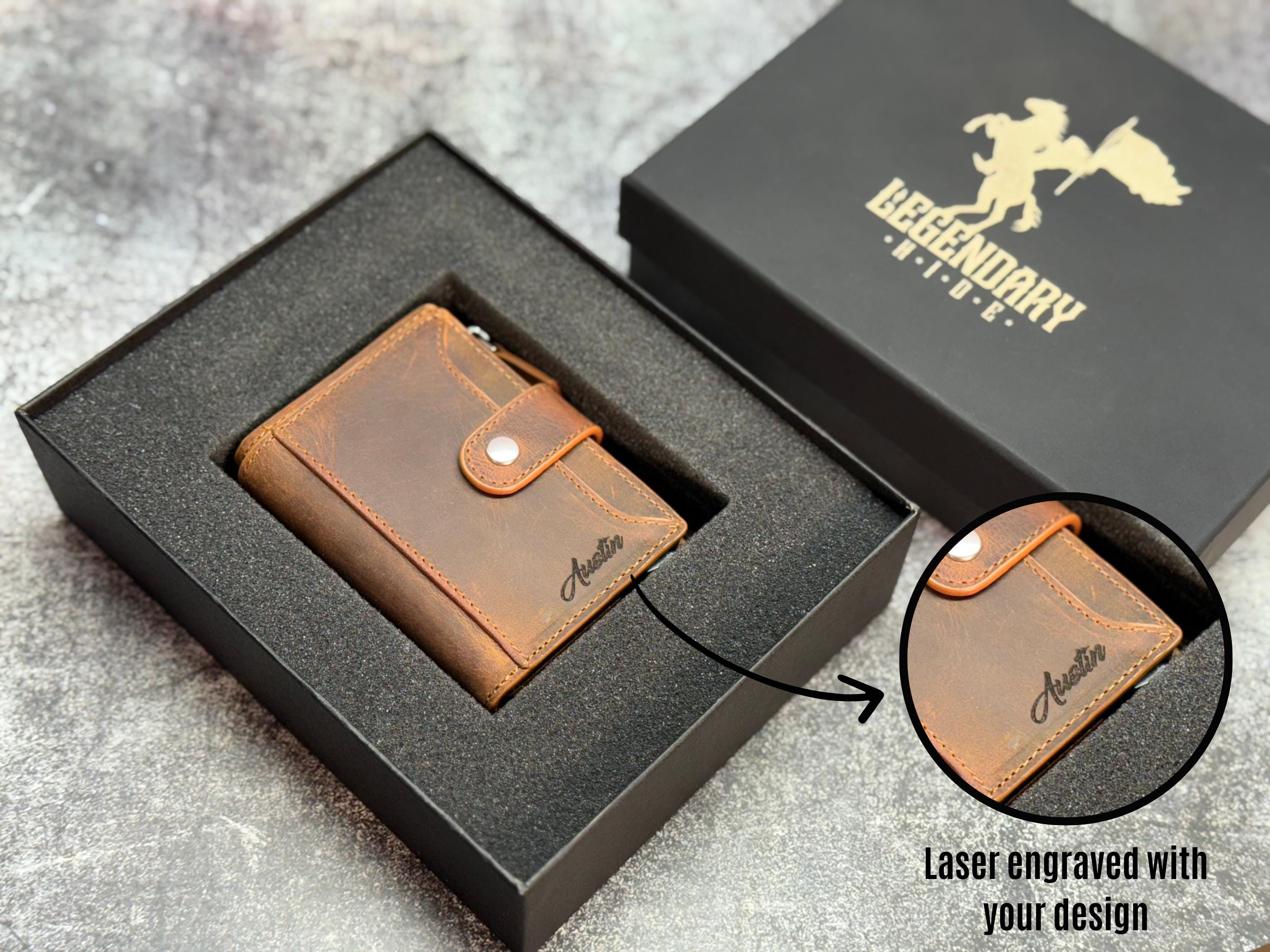 Personalized Leather Wallet for Men, Custom Engraved Bifold with Coin Zipper, ID Window & Card Slots, Name or Logo Gift for Him Husband Dad