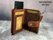 Personalized Leather Wallet for Men, Custom Engraved Bifold with Coin Zipper, ID Window & Card Slots, Name or Logo Gift for Him Husband Dad