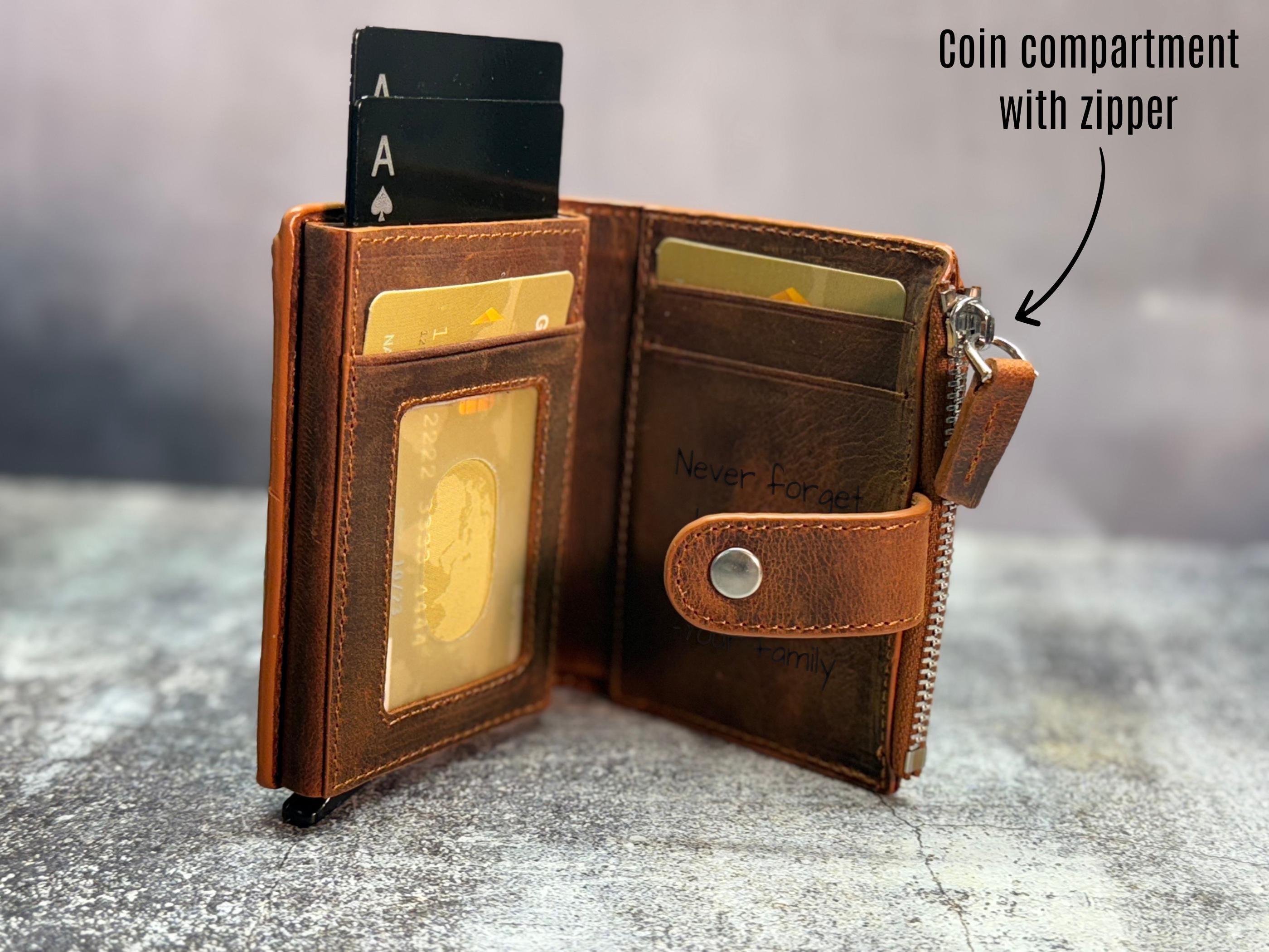 Personalized Leather Wallet for Men, Custom Engraved Bifold with Coin Zipper, ID Window & Card Slots, Name or Logo Gift for Him Husband Dad