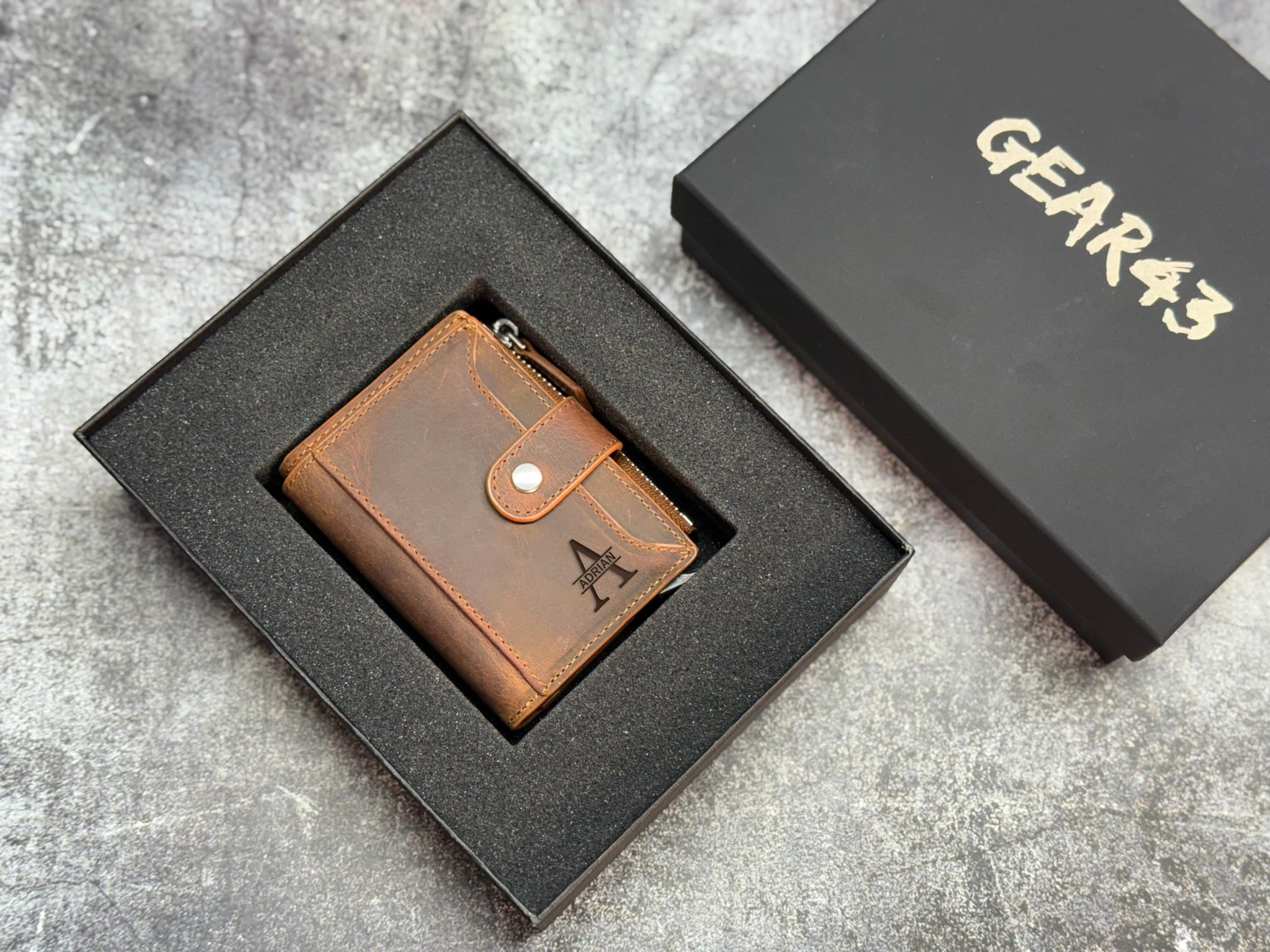 Personalized Leather Wallet for Men, Custom Engraved Bifold with Coin Zipper, ID Window & Card Slots, Name or Logo Gift for Him Husband Dad