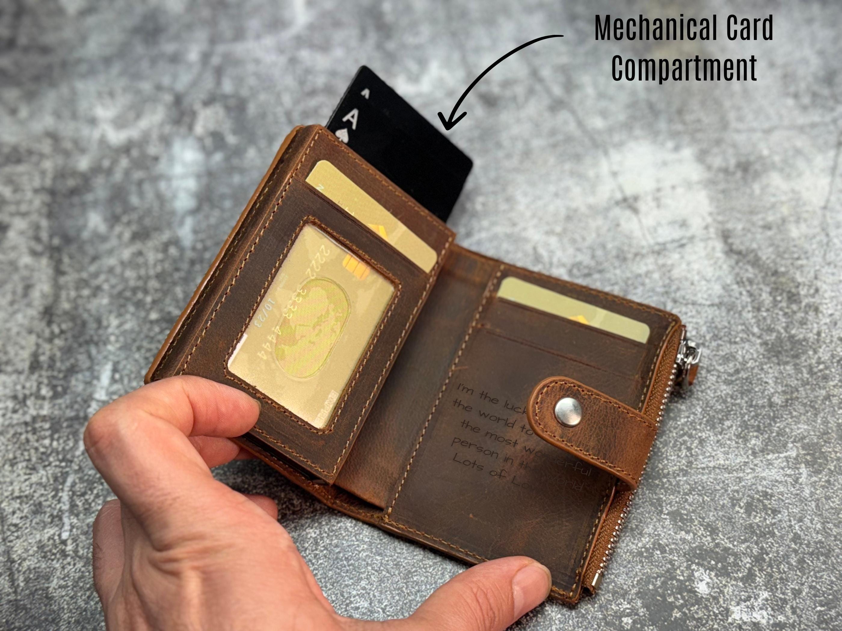 Personalized Leather Wallet for Men, Custom Engraved Bifold with Coin Zipper, ID Window & Card Slots, Name or Logo Gift for Him Husband Dad