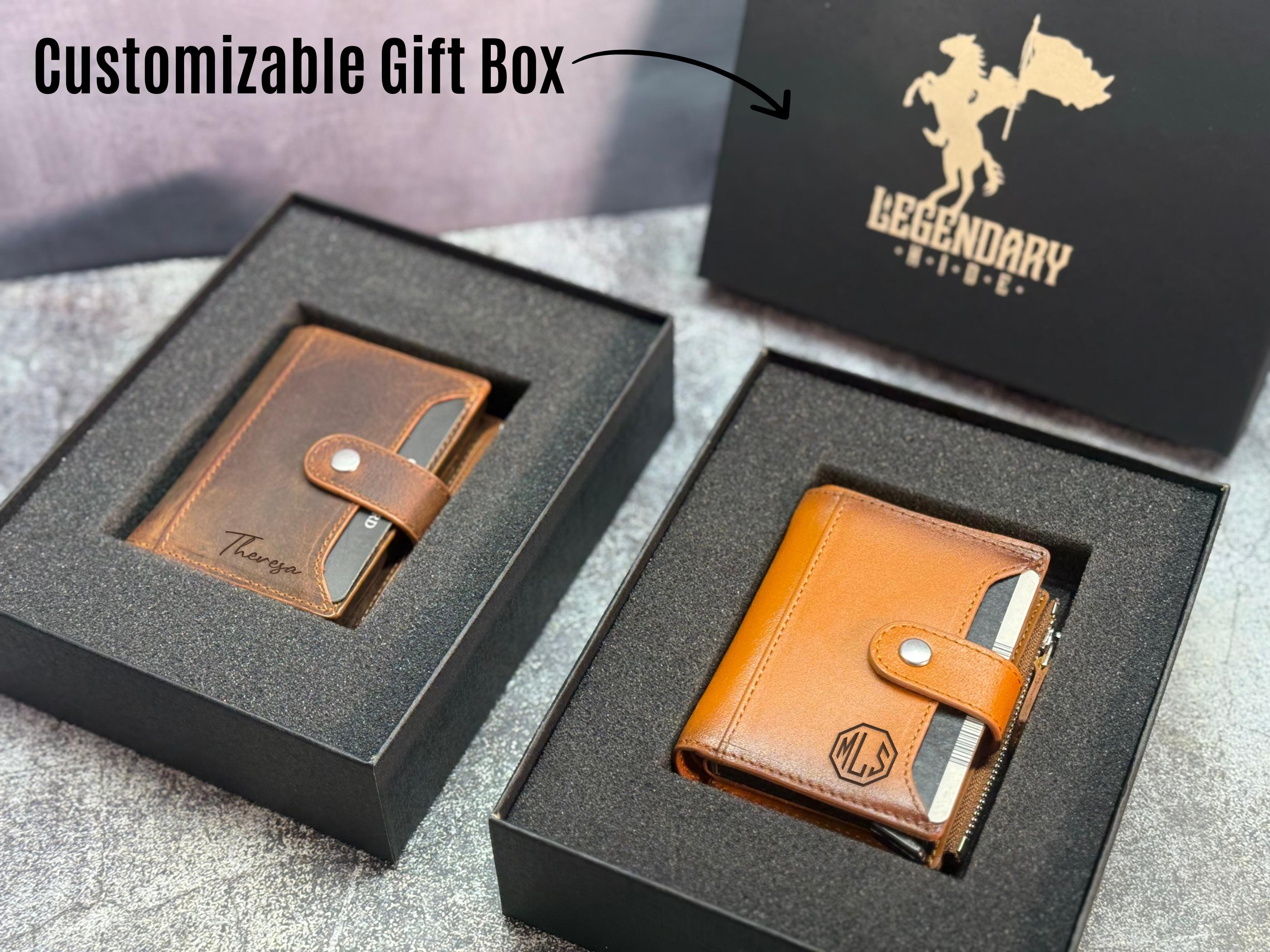 Personalized Leather Wallet for Men, Custom Engraved Bifold with Coin Zipper, ID Window & Card Slots, Name or Logo Gift for Him Husband Dad