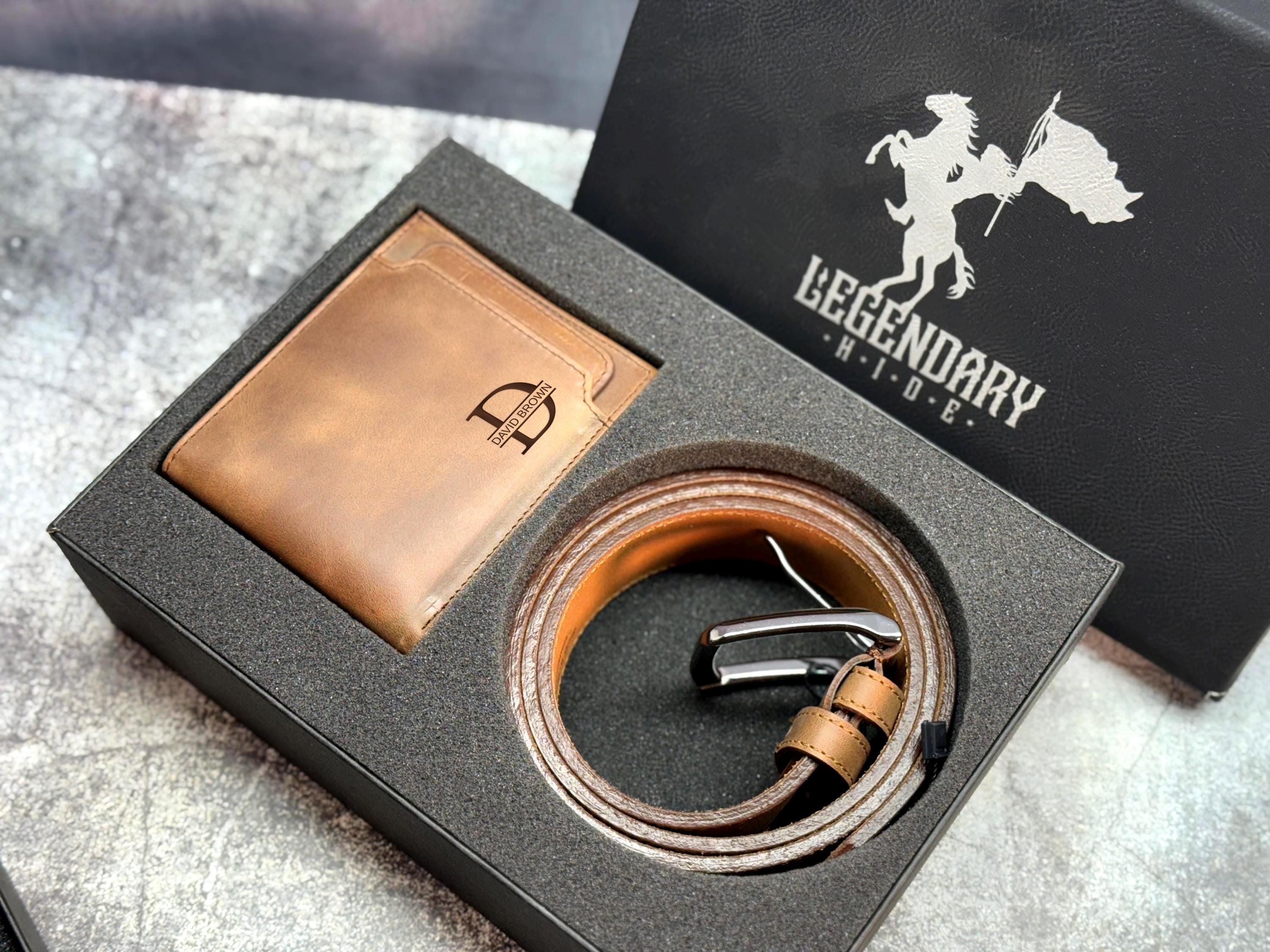 Personalized Leather Gift Set for Him – Belt + Wallet + Gift Box | Removable ID Holder | Anniversary & Birthday Gift, Boyfriend Present