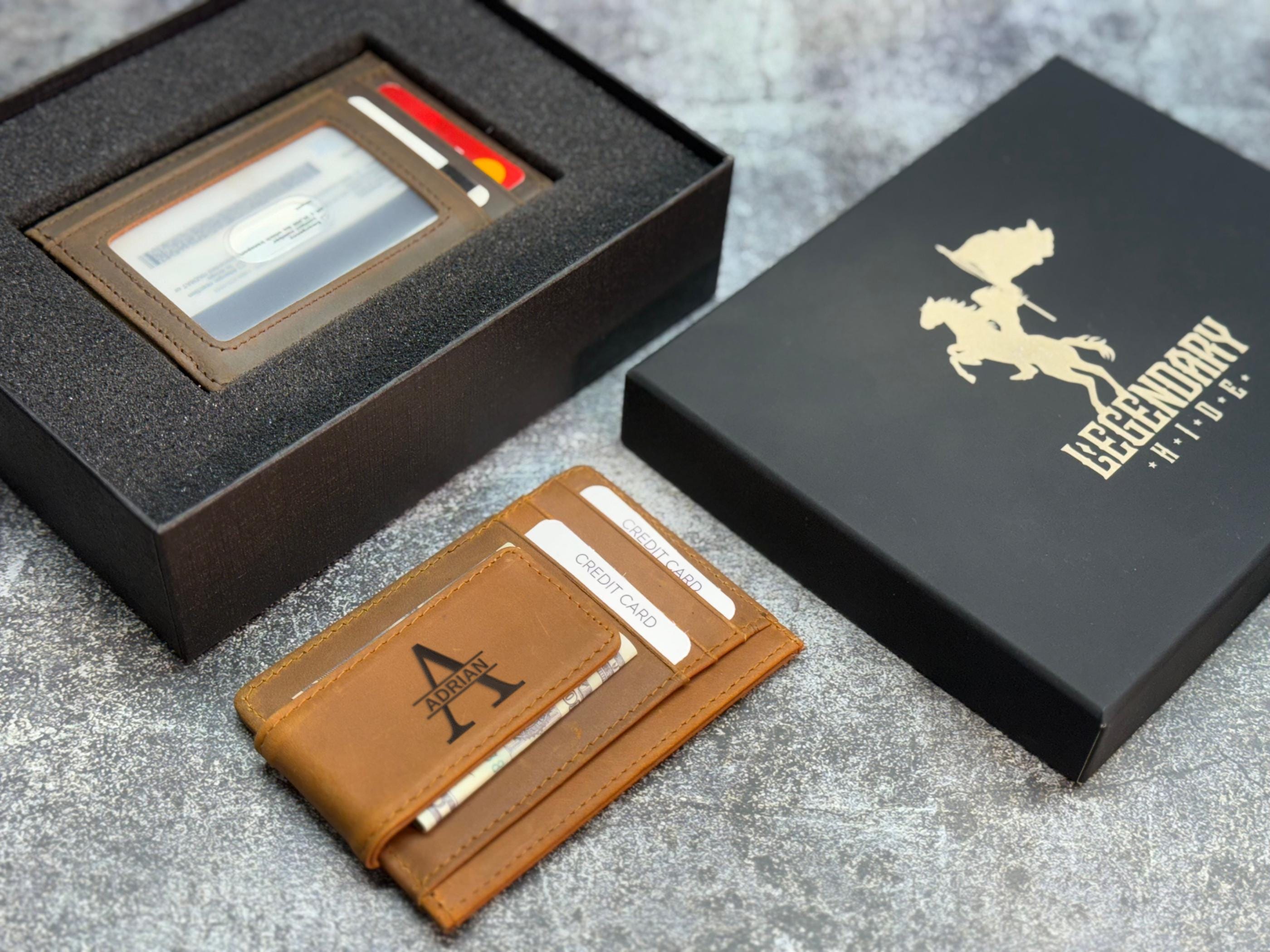 Custom Minimalist Wallet – Personalized Leather Card Holder for Men, Engraved Monogram, Wallet with Money Clip