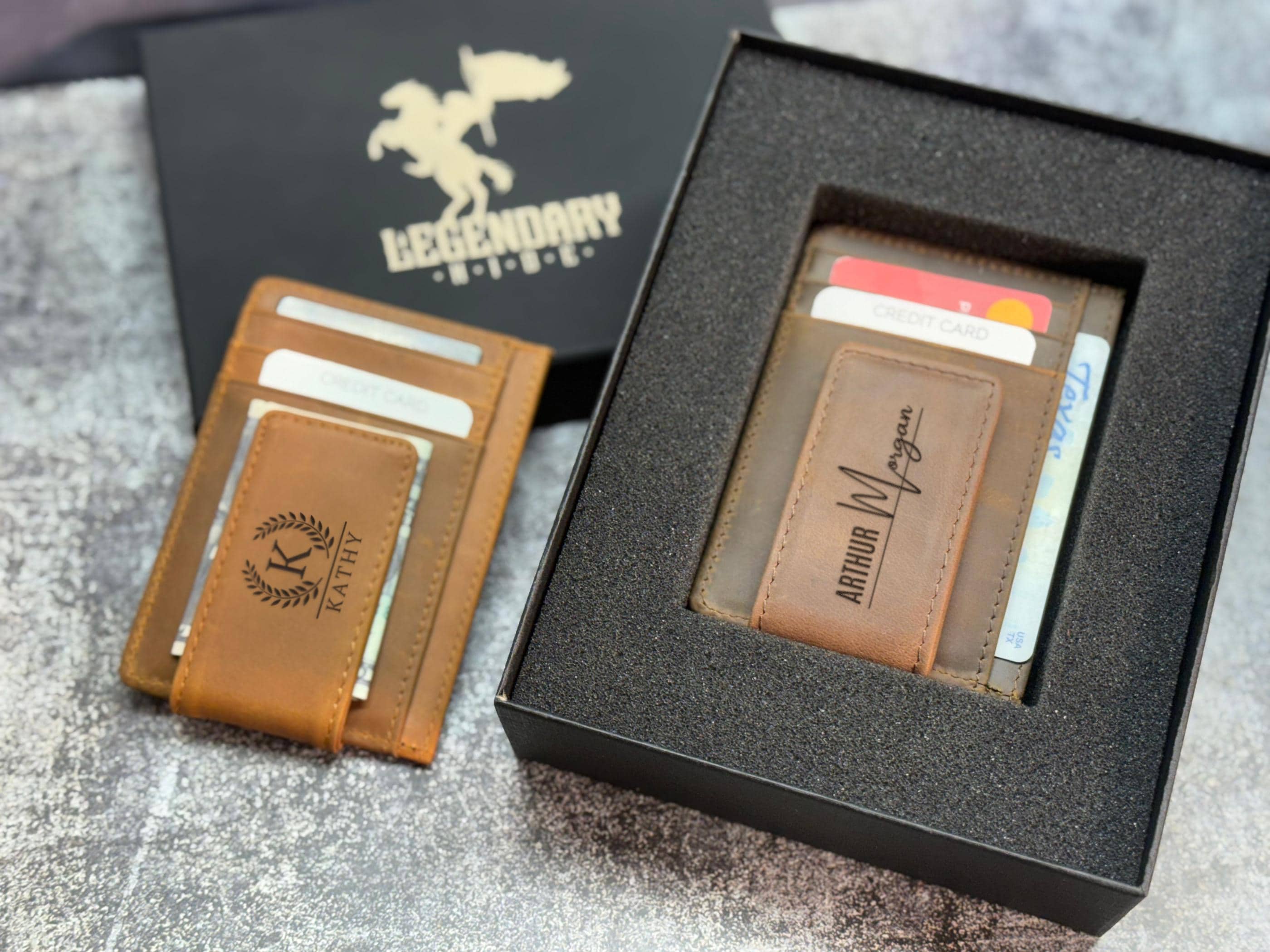 Custom Minimalist Wallet – Personalized Leather Card Holder for Men, Engraved Monogram, Wallet with Money Clip