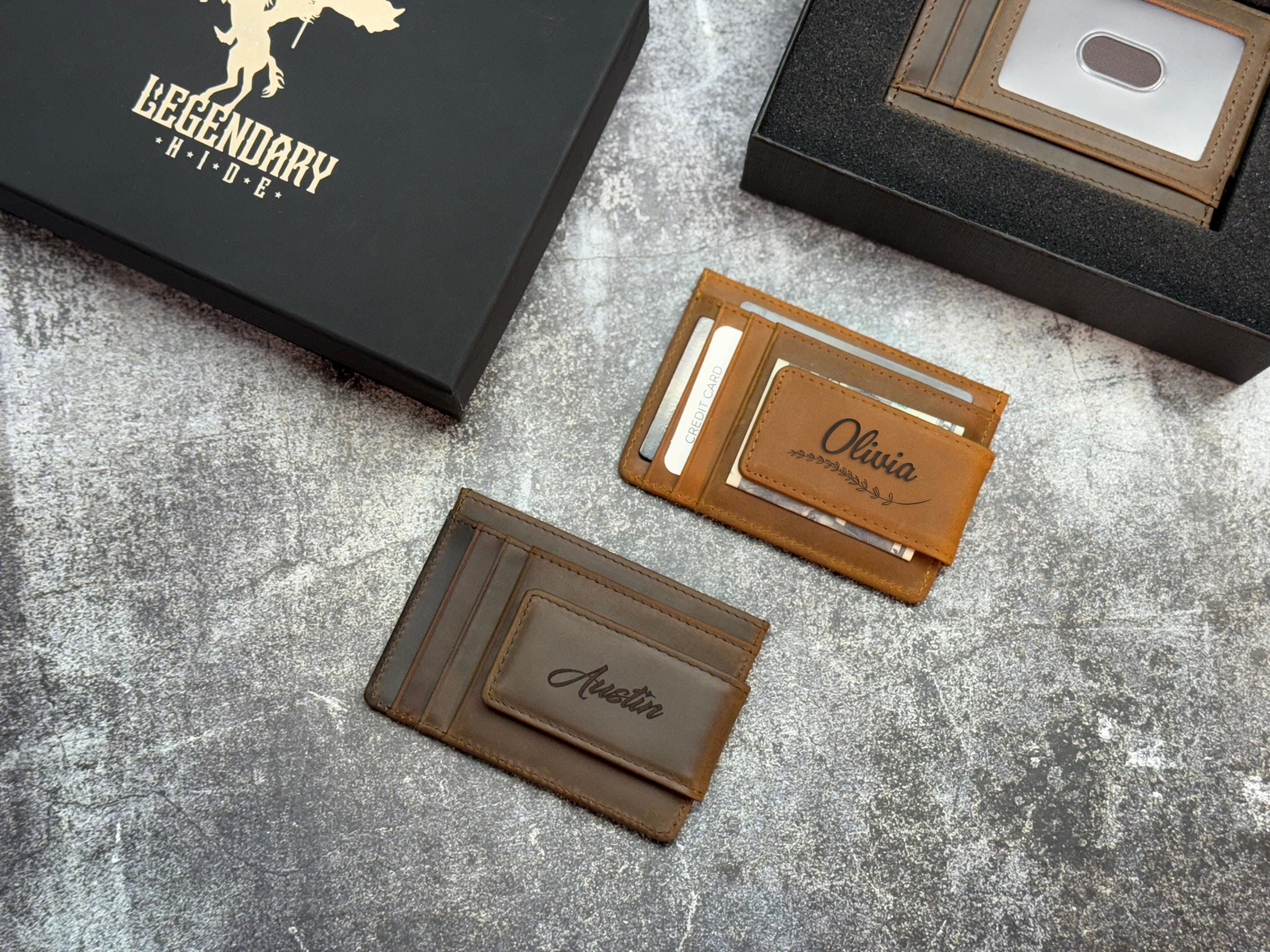 Custom Minimalist Wallet – Personalized Leather Card Holder for Men, Engraved Monogram, Wallet with Money Clip