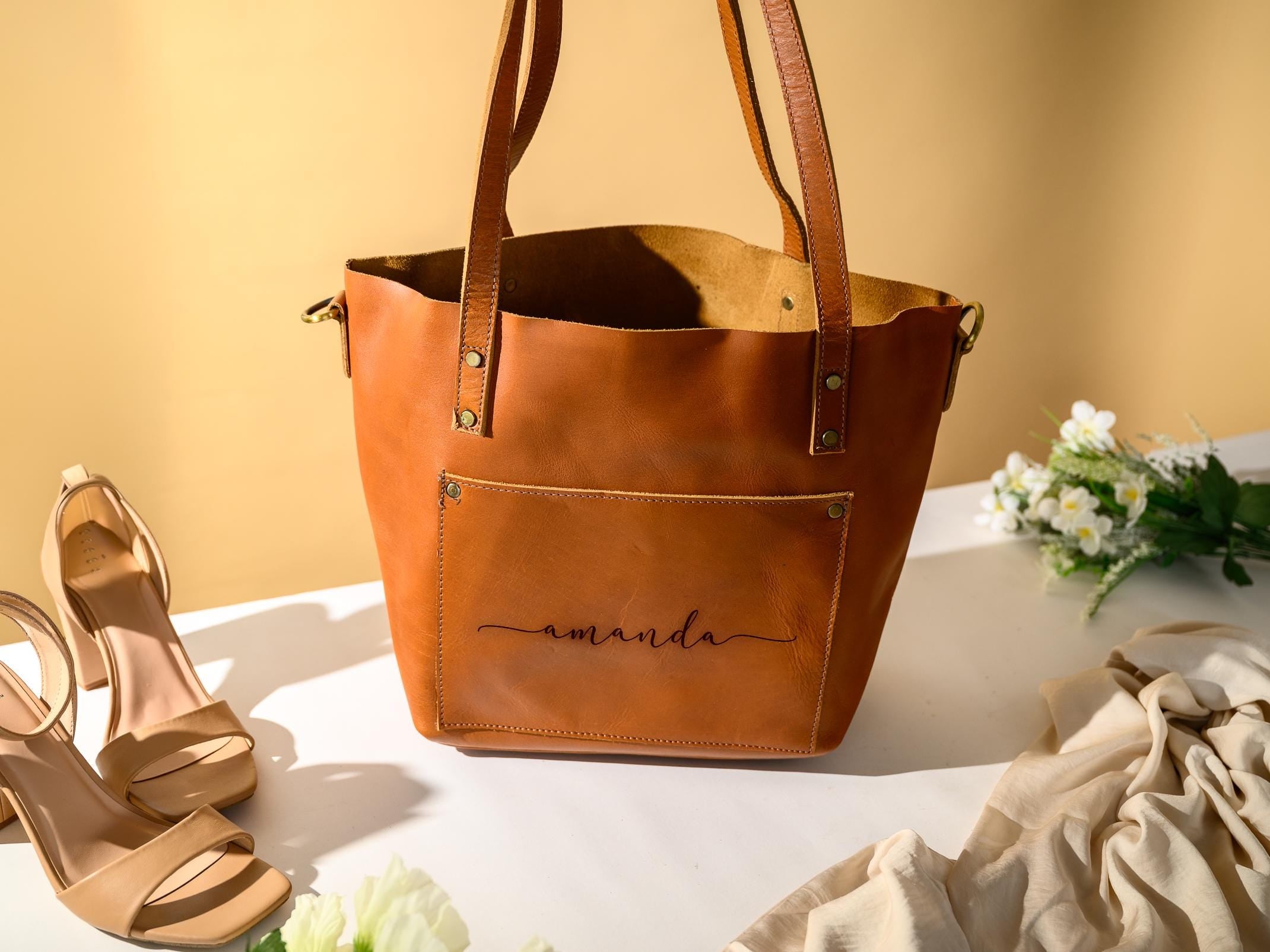 Personalized Leather Tote Bag, Engraved Leather Bag with Monograms, Shoulder Bag, Woman Leather Bag, Gift for Mother, Gift for Her