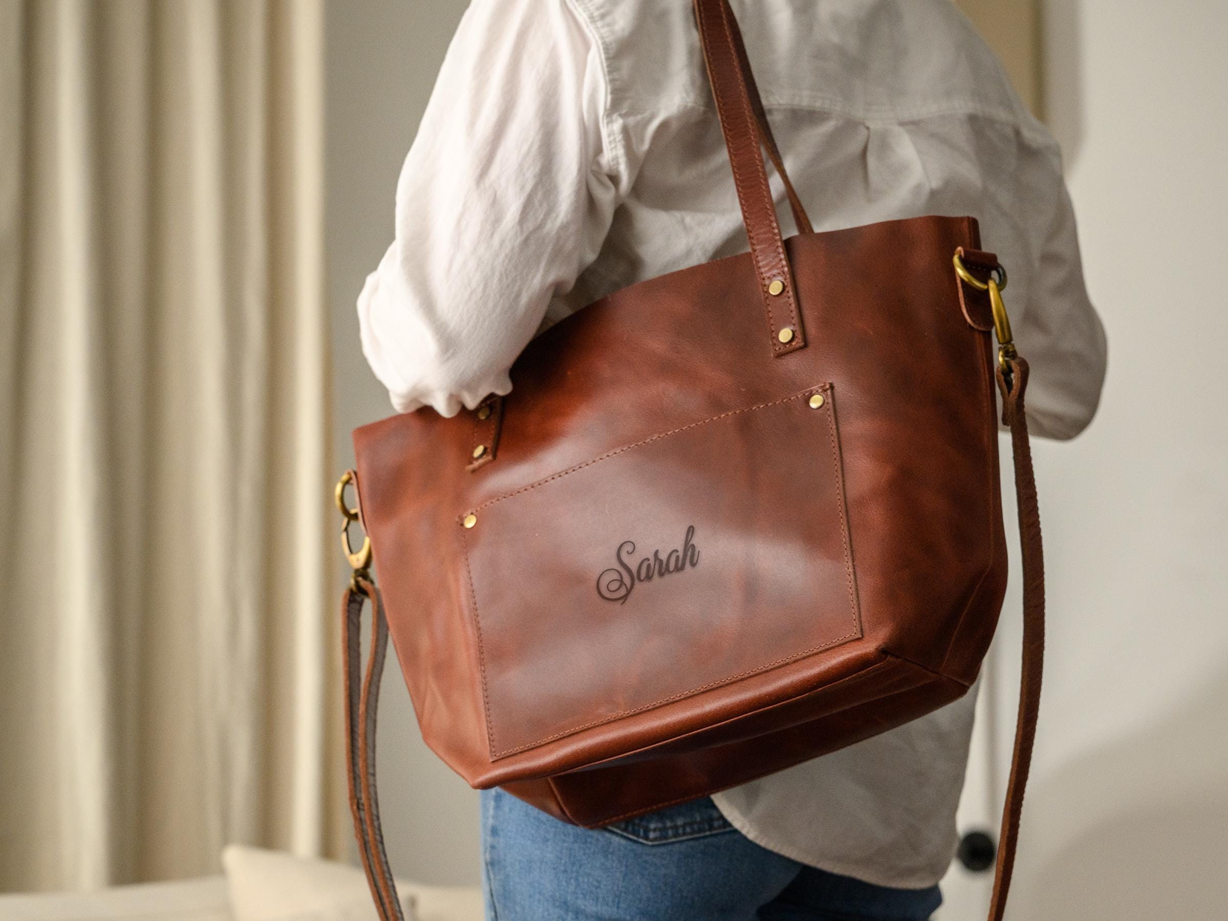 Personalized Leather Tote Bag, Engraved Leather Bag with Monograms, Shoulder Bag, Woman Leather Bag, Gift for Mother, Gift for Her