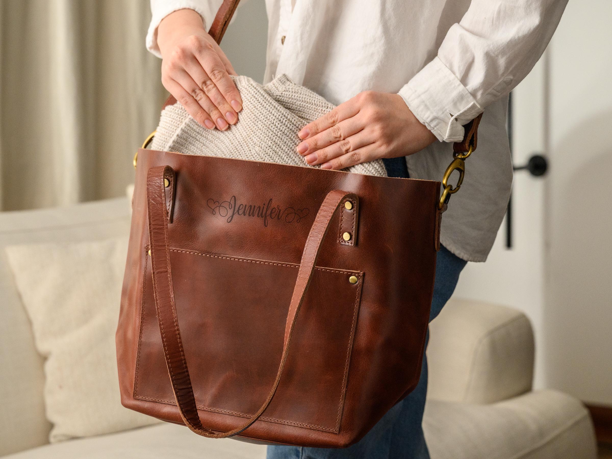 Personalized Leather Tote Bag, Engraved Leather Bag with Monograms, Shoulder Bag, Woman Leather Bag, Gift for Mother, Gift for Her