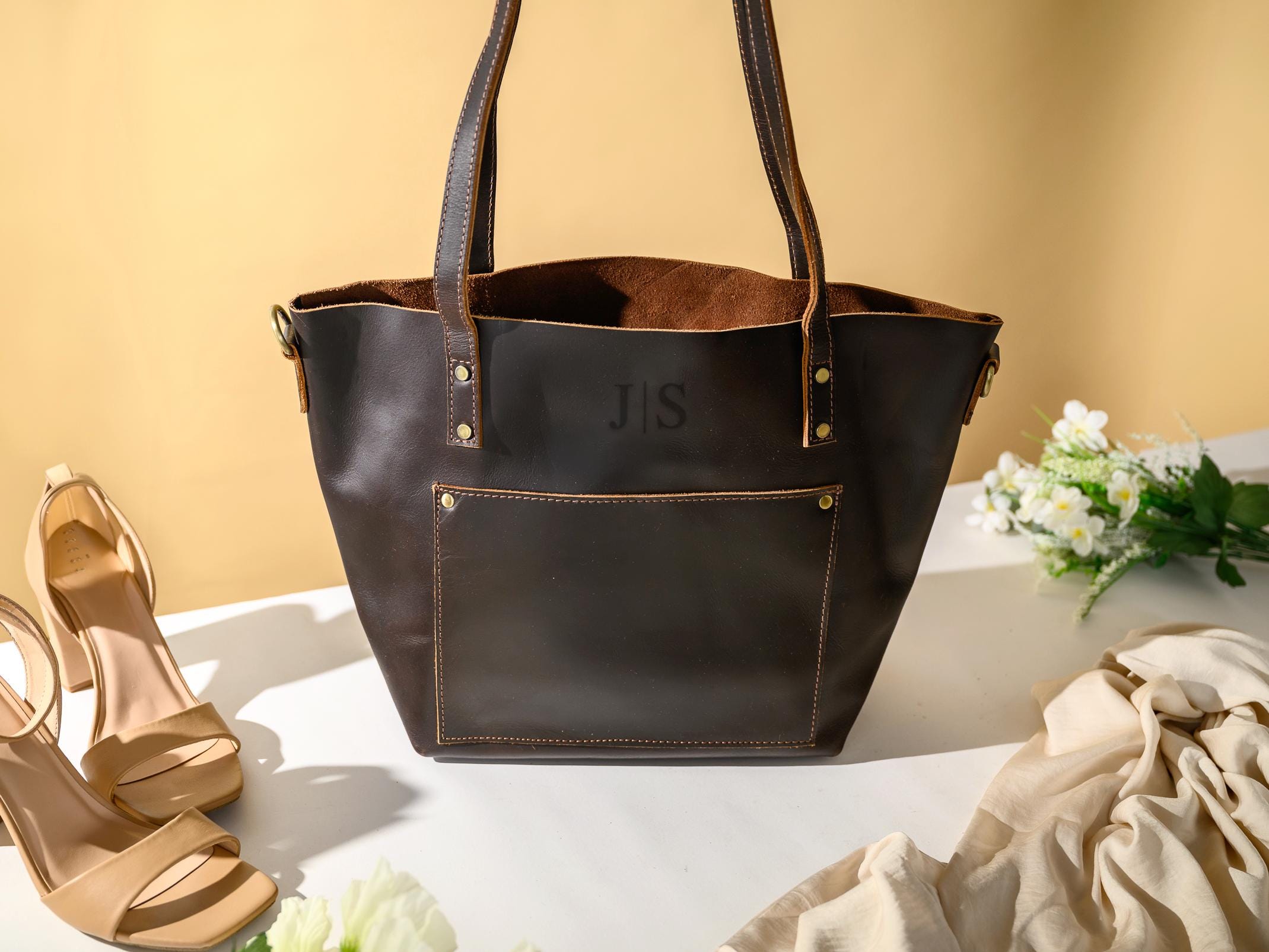 Personalized Leather Tote Bag, Engraved Leather Bag with Monograms, Shoulder Bag, Woman Leather Bag, Gift for Mother, Gift for Her