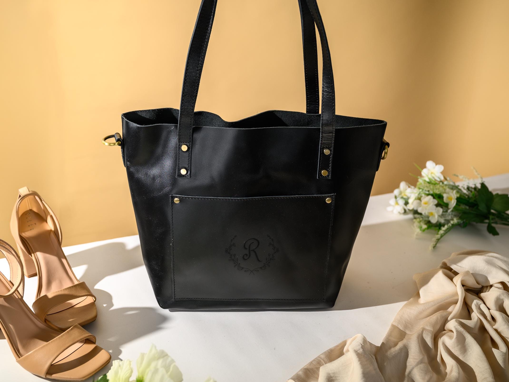 Personalized Leather Tote Bag, Engraved Leather Bag with Monograms, Shoulder Bag, Woman Leather Bag, Gift for Mother, Gift for Her