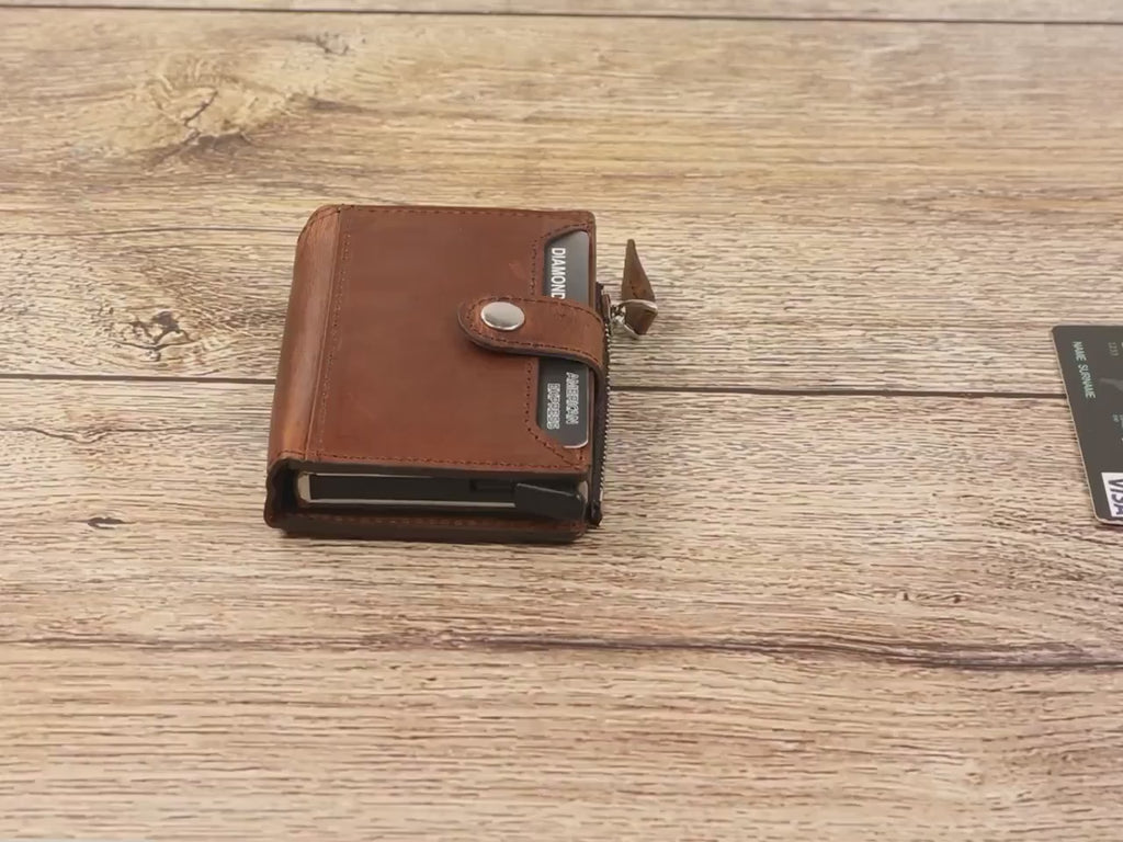 Personalized Mens Wallet, Leather Wallet with Zipper Pouch, Mechanical Card Holder, Modern Travel Accessory